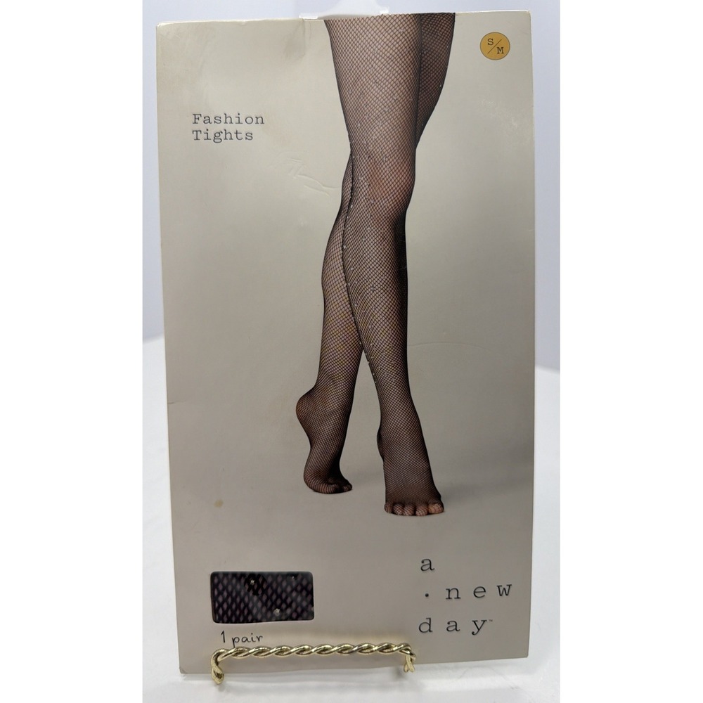 A New Day Fashion Tights Fishnet Stockings w Rhinestones 1 Pair Black S/M